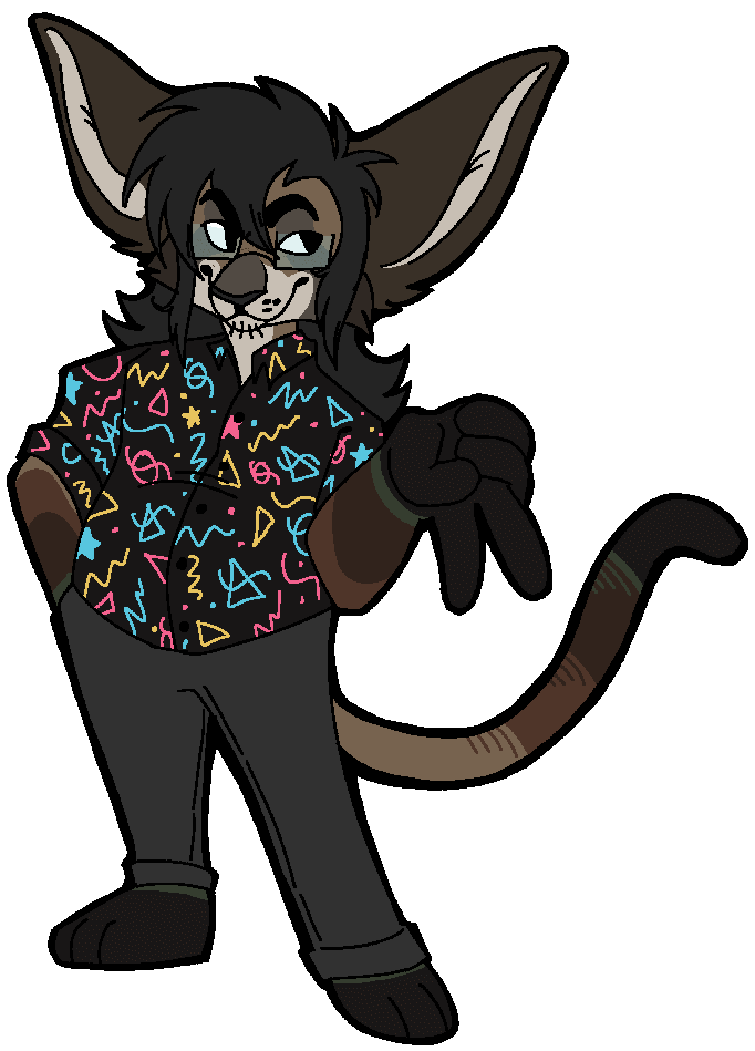 A chibi fullbody pixel drawing of a brown and cream colored oriental short hair fursona with medium length black hair and glasses wearing a black arcade carpet patterned button up and grey pants with his right arm up with a downturned peace sign and a hand on his hip smirking