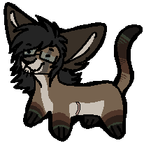 A tiny 4 legged chibi fullbody pixel drawing of a brown and cream colored oriental short hair fursona with medium length black hair and glasses smiling